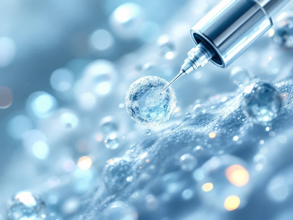 Microscopische exosomen met blauwe gloed in laboratoriumomgeving met medische spuit voor huidbehandeling