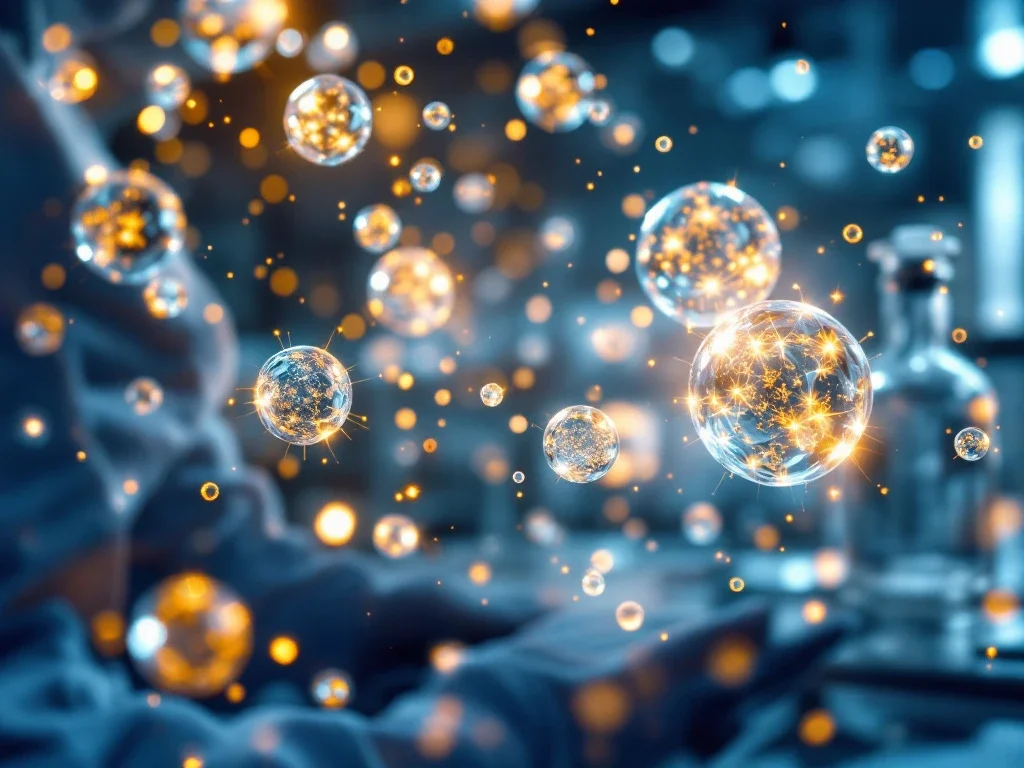 Luminescente exosomen gloeien blauw en goud in laboratoriumomgeving, microscopische therapeutische deeltjes voor regeneratie