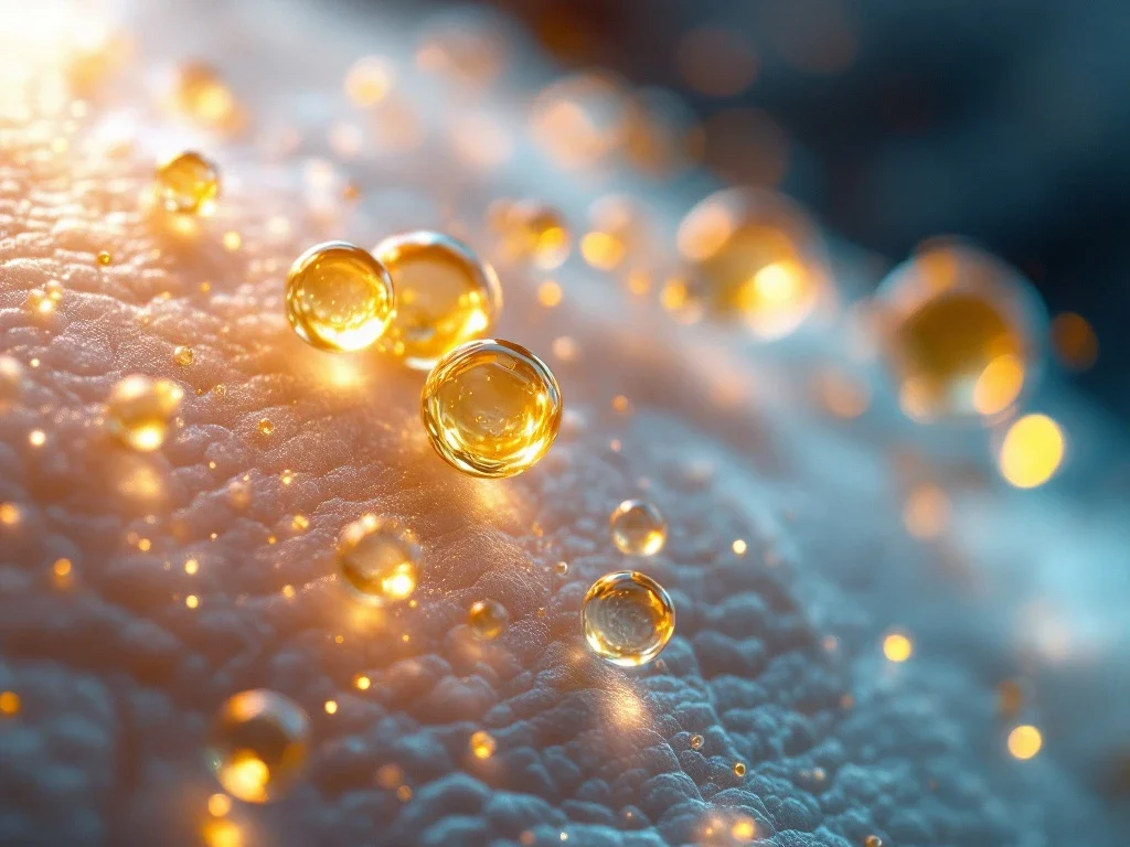 Gouden exosomen zwevend in serum voor huidbehandeling, macro-opname met laboratorium achtergrond