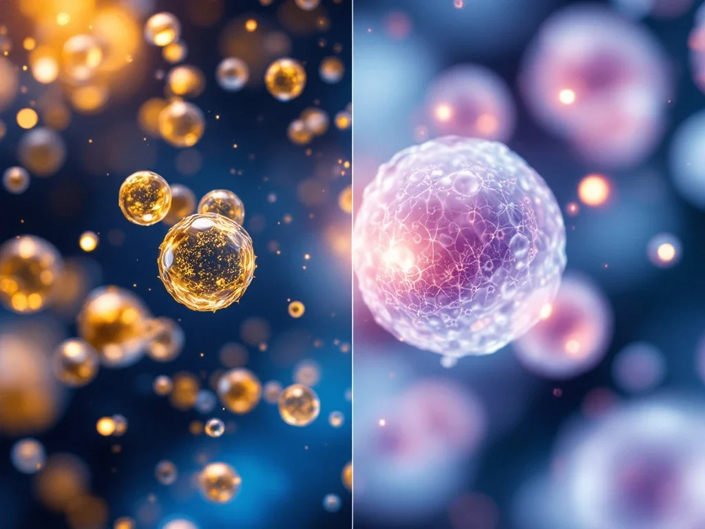 Wetenschappelijke visualisatie van gouden exosomen en roze stamcellen in gesplitst scherm op laboratoriumachtergrond