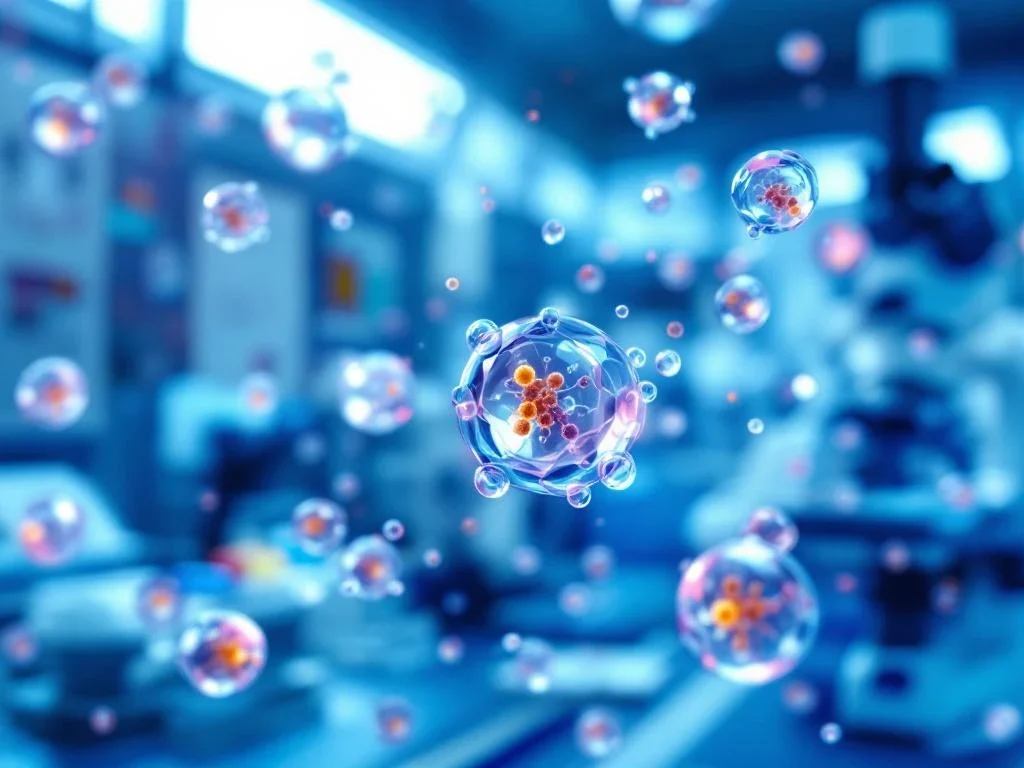 Translucente exosoom vesikels onder wetenschappelijke verlichting met Nederlandse regelgevingsdocumenten op achtergrond