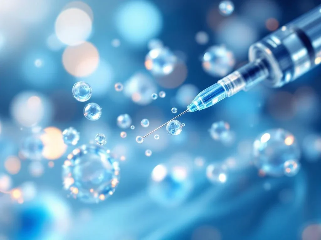 Translucente exosoom vesicles in laboratorium met medische spuit en waarschuwingssymbolen op steriele oppervlakken