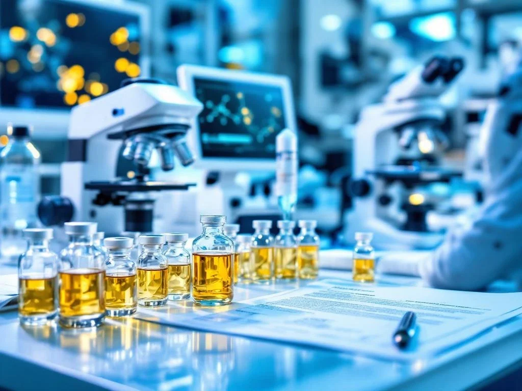 Laboratorium voor exosoom kwaliteitscontrole met microscopen, meetinstrumenten en gouden monsters in glazen flacons