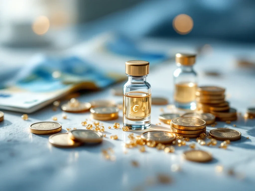 Gouden exosoom serum flesjes op medische ondergrond met euro bankbiljetten en prijskaartje voor luxe behandeling