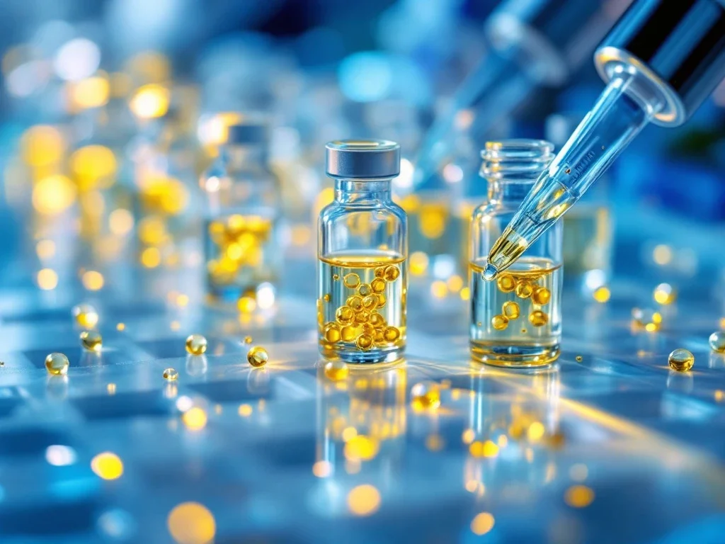 Gouden exosoom oplossingen in glazen flacons op steriel laboratorium oppervlak met precisie pipetten voor standaardisatie