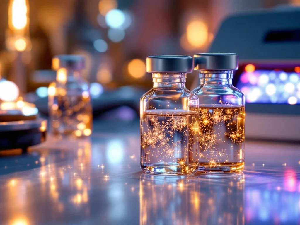 Glazen flesjes met exosoom oplossingen op laboratorium oppervlak met microneedling apparatuur op achtergrond