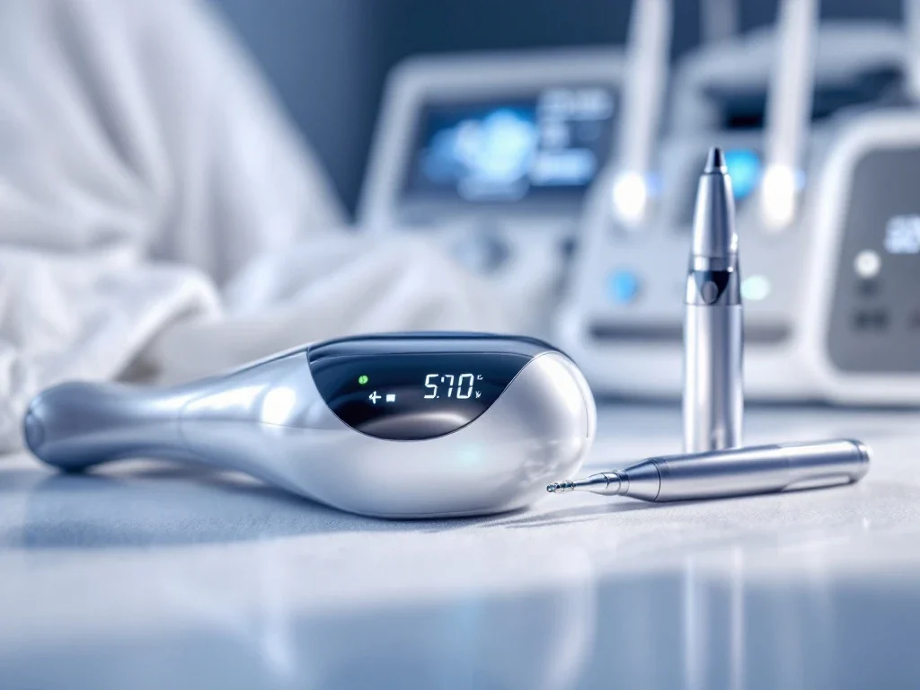 Betaalbare LED-lichttherapie apparaat en microneedling pen op medische ondergrond met premium apparatuur op achtergrond