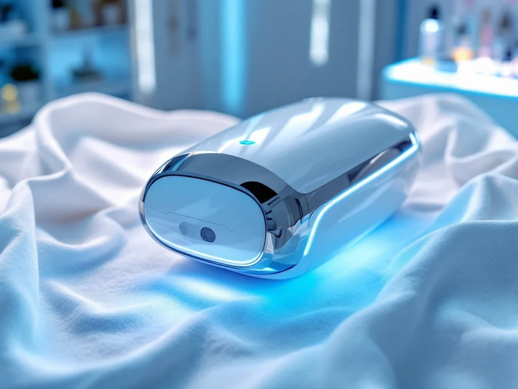 IPL-apparaat met kristallen handstuk in steriele kliniek, omgeven door huidtextuurmonsters die behandelresultaten tonen