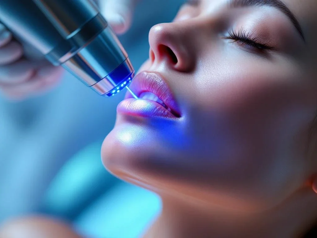 Geavanceerde laserbehandeling op gladde huid met medische laser apparaat met blauwe LED-indicatoren in klinische omgeving