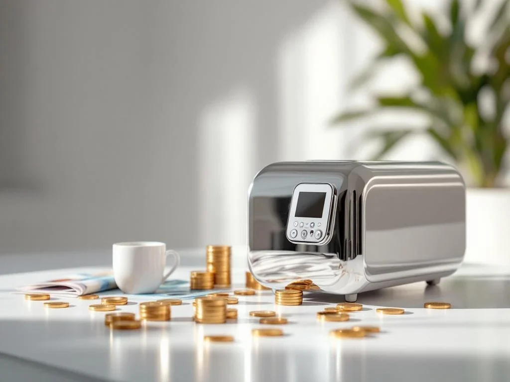 Moderne medische laserapparatuur in wit en chroom met euromunten en bankbiljetten voor financieringsopties