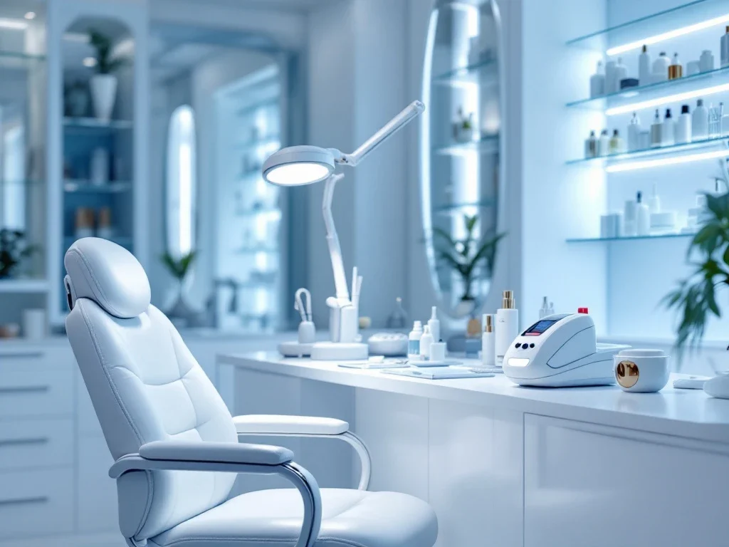 Moderne medische behandelkamer met onderzoeksstoel, laser apparatuur en huidverzorgingsproducten op witte toonbank