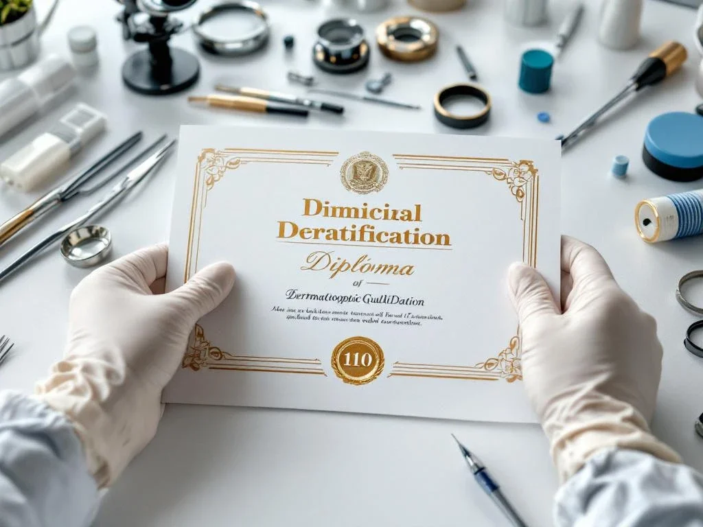 Medische handen in witte handschoenen houden medisch diploma vast met gouden zegels naast dermatologische instrumenten