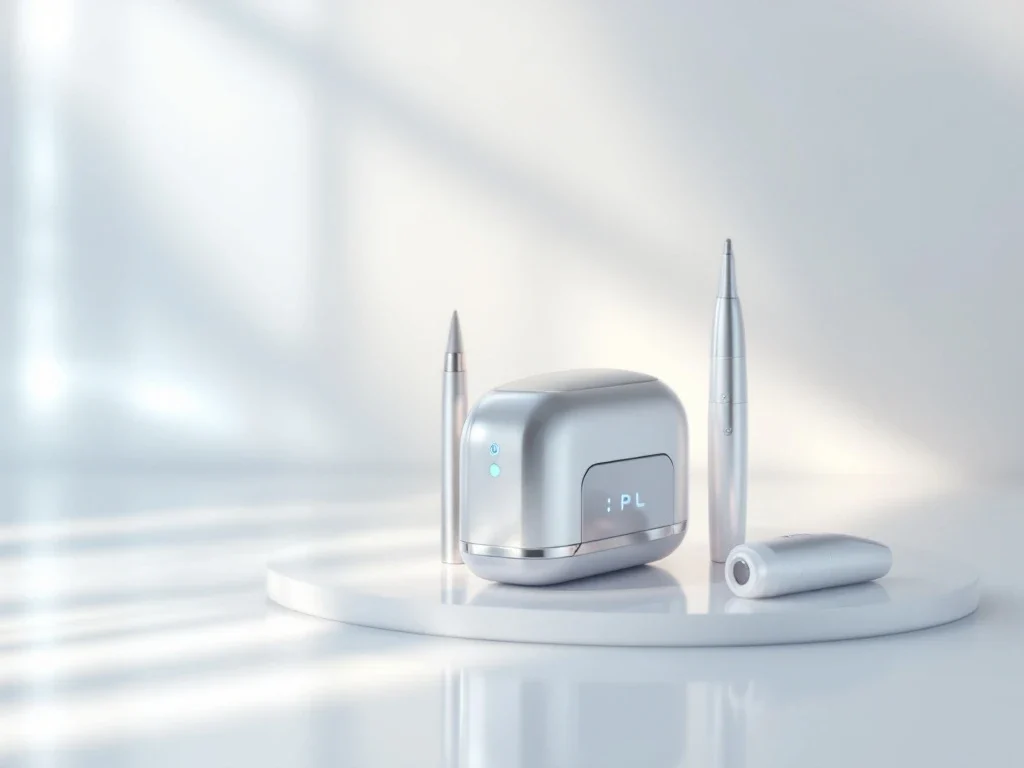 Moderne medische esthetische apparaten inclusief IPL laser, microneedling pen en RF behandelingshandstuk op witte ondergrond