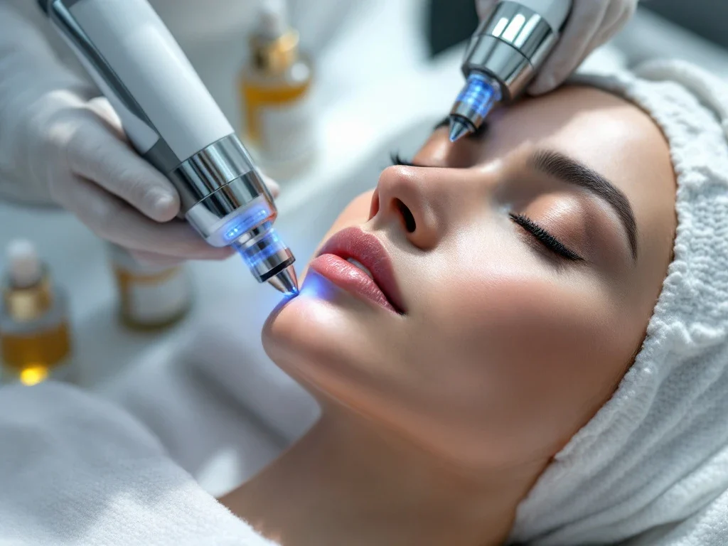 Professionele medische esthetische apparatuur met LED-panelen behandelt huid, met gouden serums op witte tafel