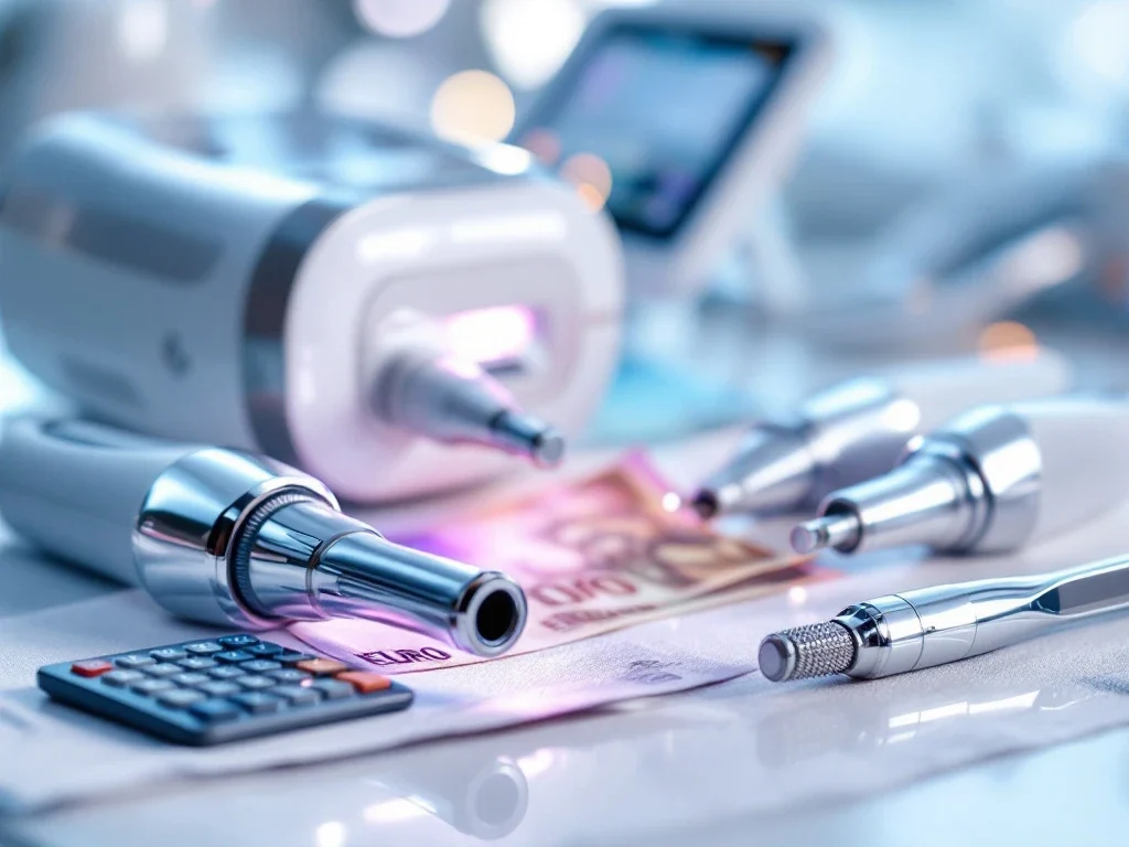 Geavanceerde medische esthetische apparatuur met laser handstukken en IPL devices op witte ondergrond met euro bankbiljetten