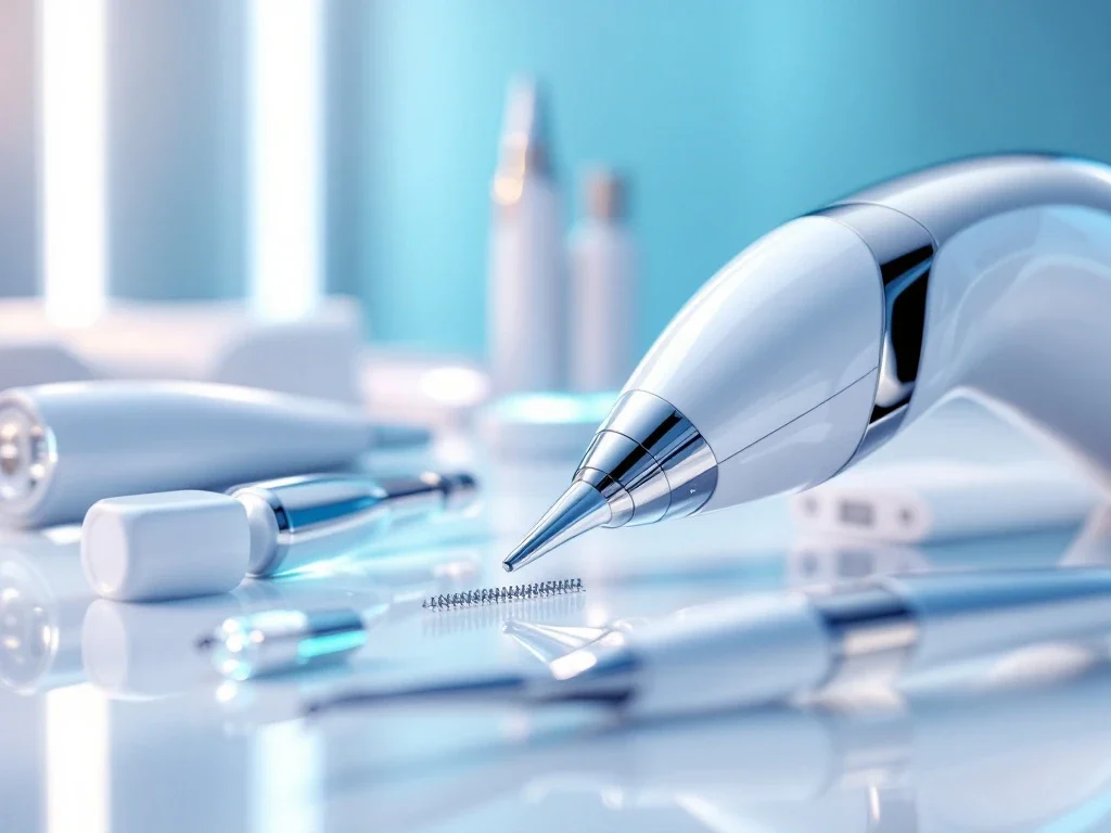 Geavanceerde medische esthetische apparatuur met laser- en microneedling-tools op steriele witte ondergrond