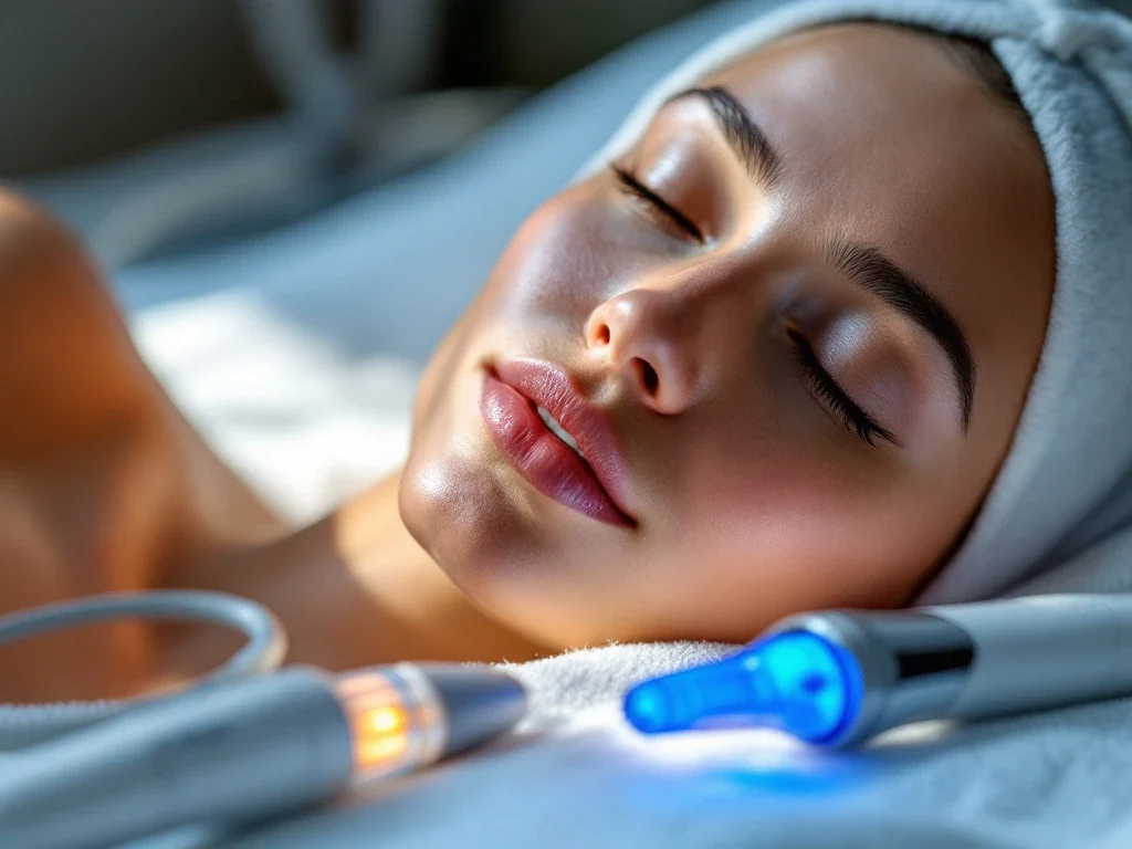 Stralende, gezonde huid met professionele microneedling en LED-therapie apparatuur op witte ondergrond