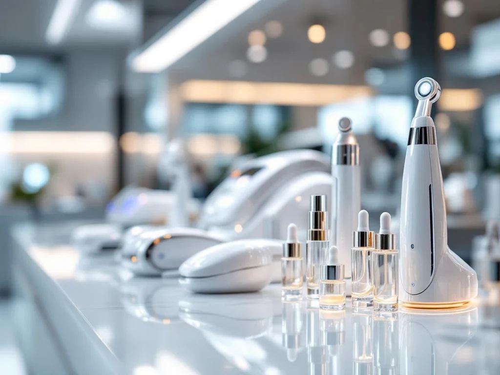Professionele huidverzorgingsapparatuur in moderne esthetische kliniek met laser- en LED-therapiesystemen