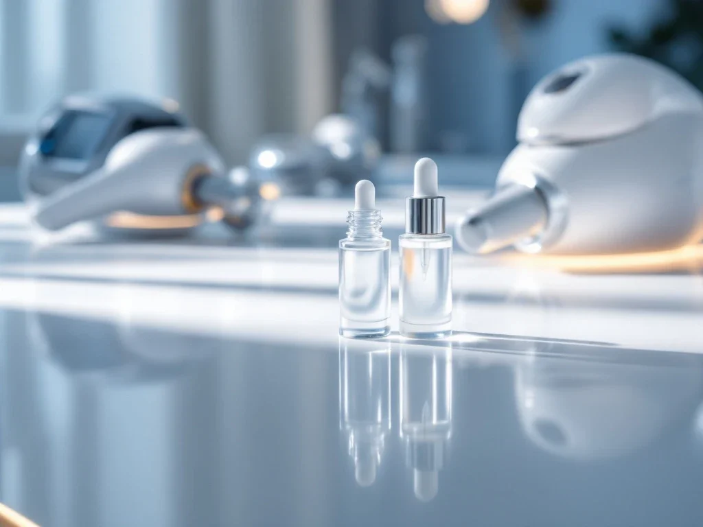 Luxe medische huidkliniek met serumflesjes en professionele huidbehandelingsapparatuur in steriele witte ruimte