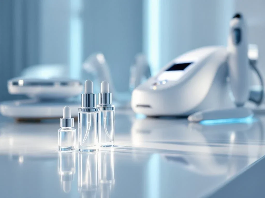 Geavanceerde huidverzorgingsapparatuur en serumflesjes in steriele medische kliniek met witte en blauwe tinten