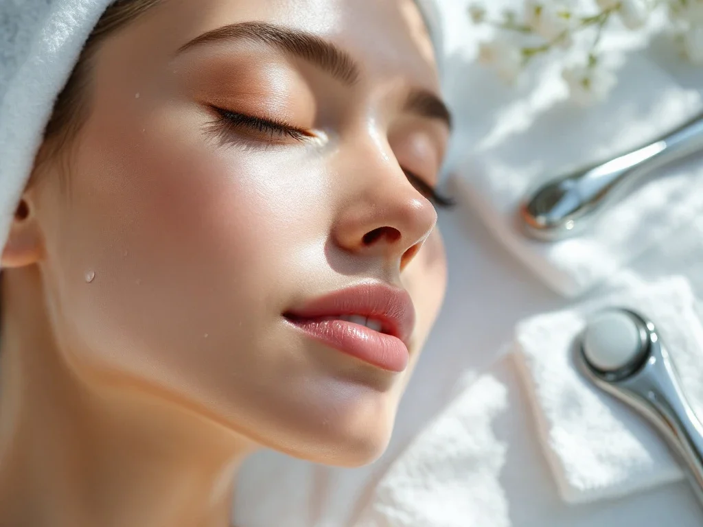 Gezonde, stralende huid close-up met waterdruppels, omringd door steriele wattenschijfjes en medische huidverzorgingstools