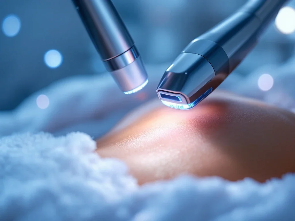 Medische laserbehandeling op gladde huid met voor-en-na huidtextuurvoorbeelden in steriele klinische omgeving