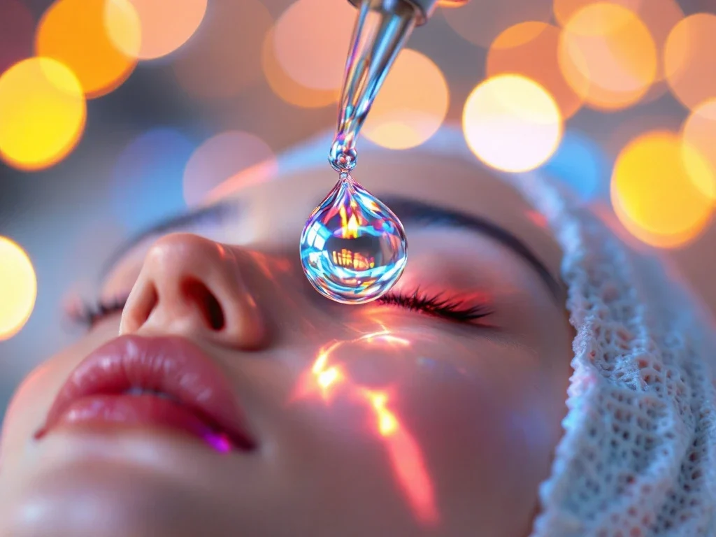 Medische serum druppel boven huid met microneedling apparatuur en LED-therapie op achtergrond
