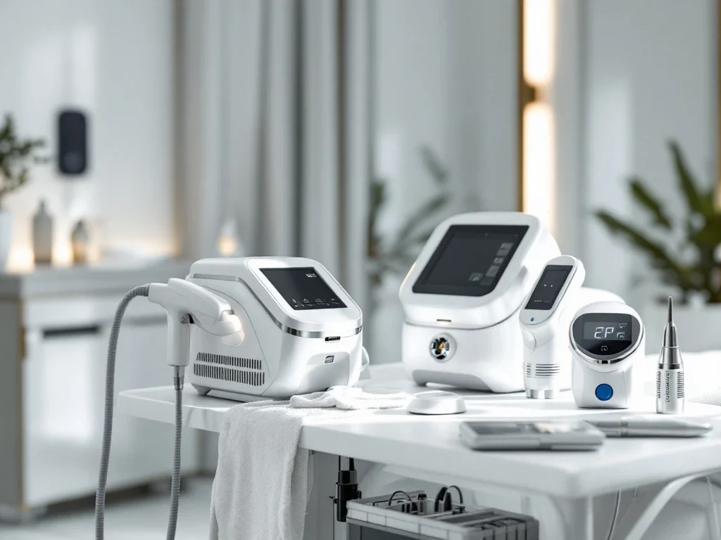 Geavanceerde huidverzorgingsapparatuur in steriele medische spa behandelkamer met laser- en IPL-systemen op witte kar