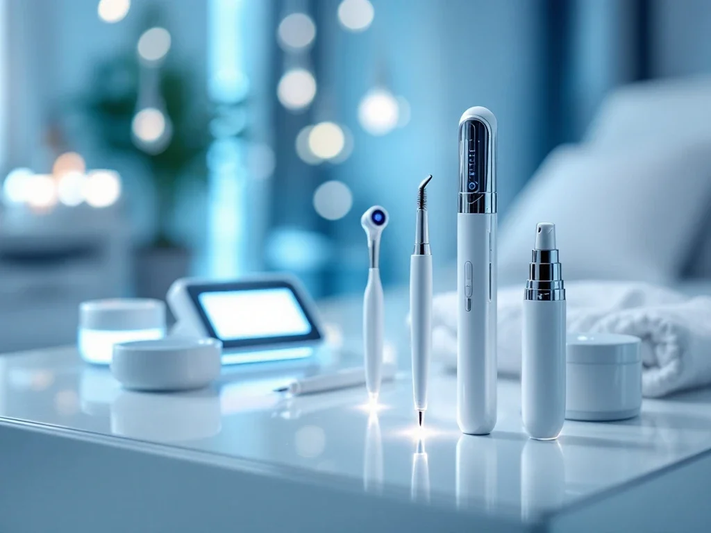 Moderne medische behandelkamer met geavanceerde huidverzorgingsapparatuur, microneedling-apparaten en LED-therapiepanelen