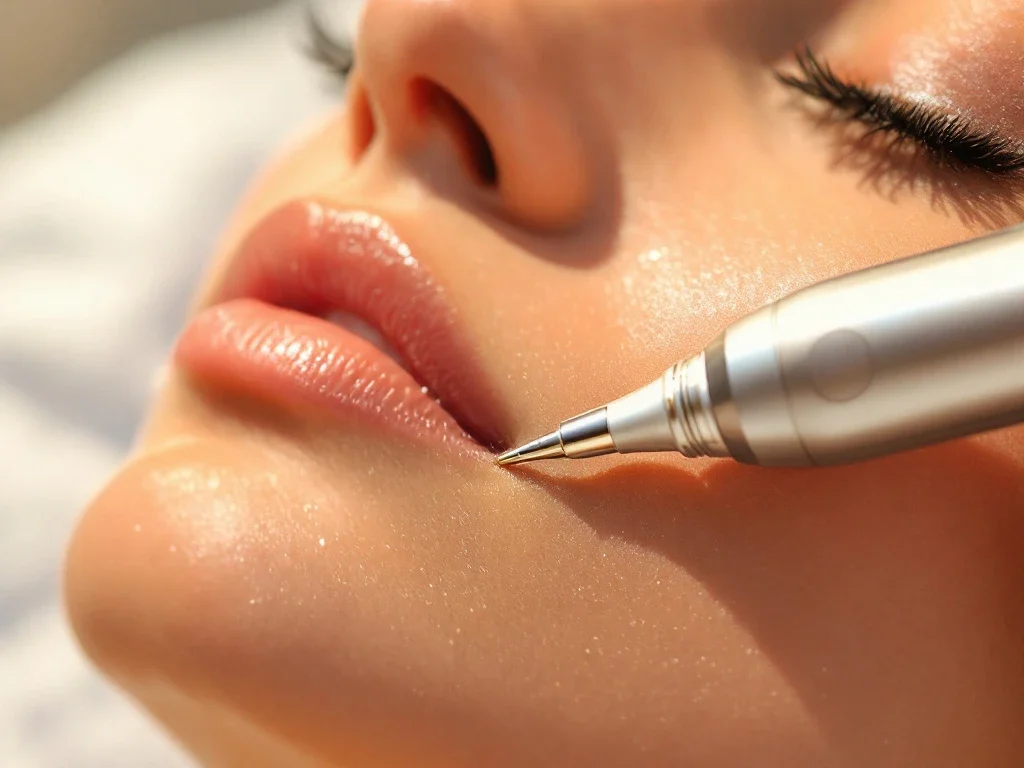 Gezonde huid met subtiele genezing na microneedling behandeling, professioneel medisch apparaat op voorgrond