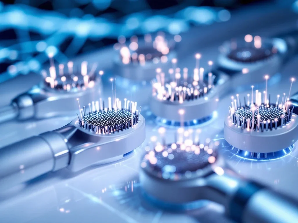 RF-microneedling apparaat met metalen naalden en blauwe radiofrequentie-energie op witte medische ondergrond