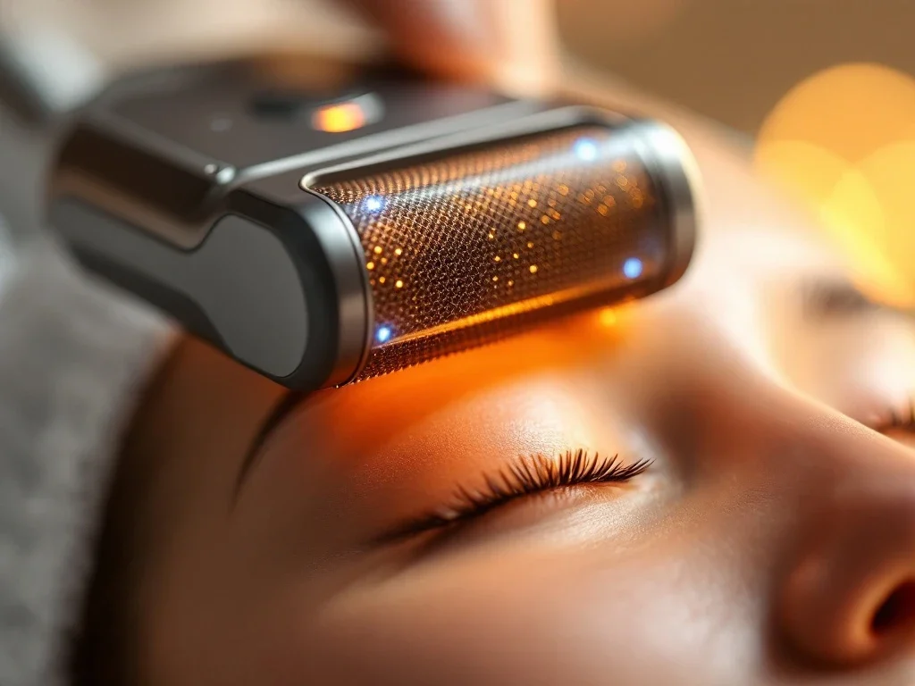 RF-microneedling apparaat met gouden naalden boven huid, dramatische verlichting benadrukt precisie-engineering