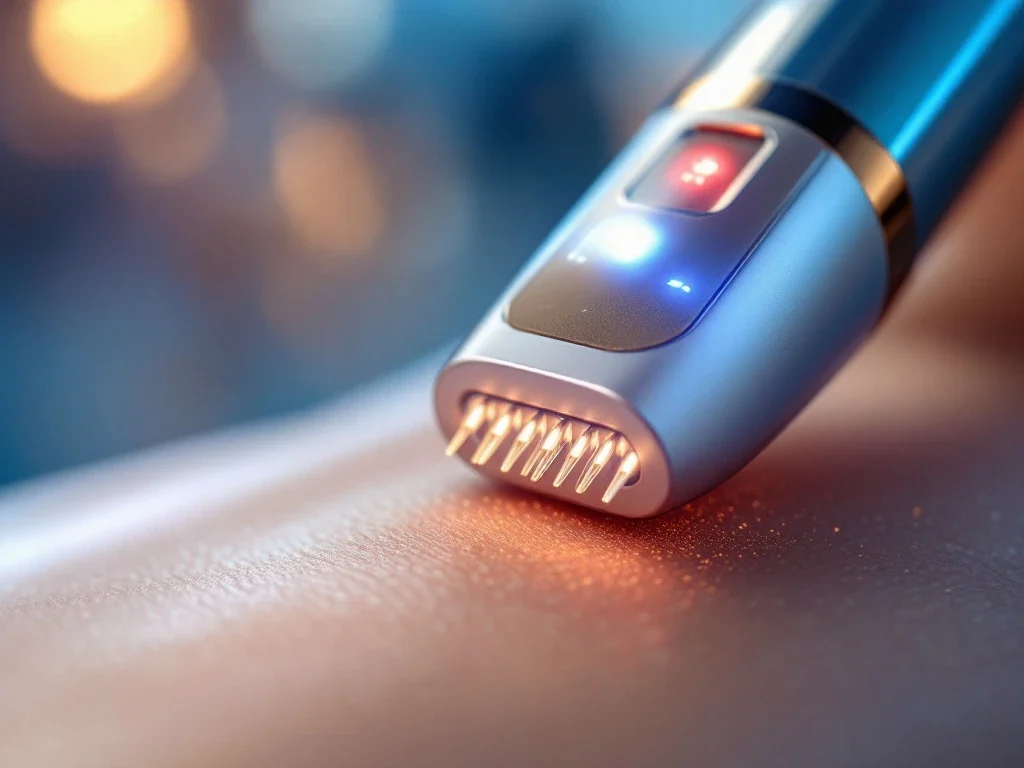 Professioneel RF-microneedling apparaat met gouden naalden boven gladde huid in moderne medische kliniek