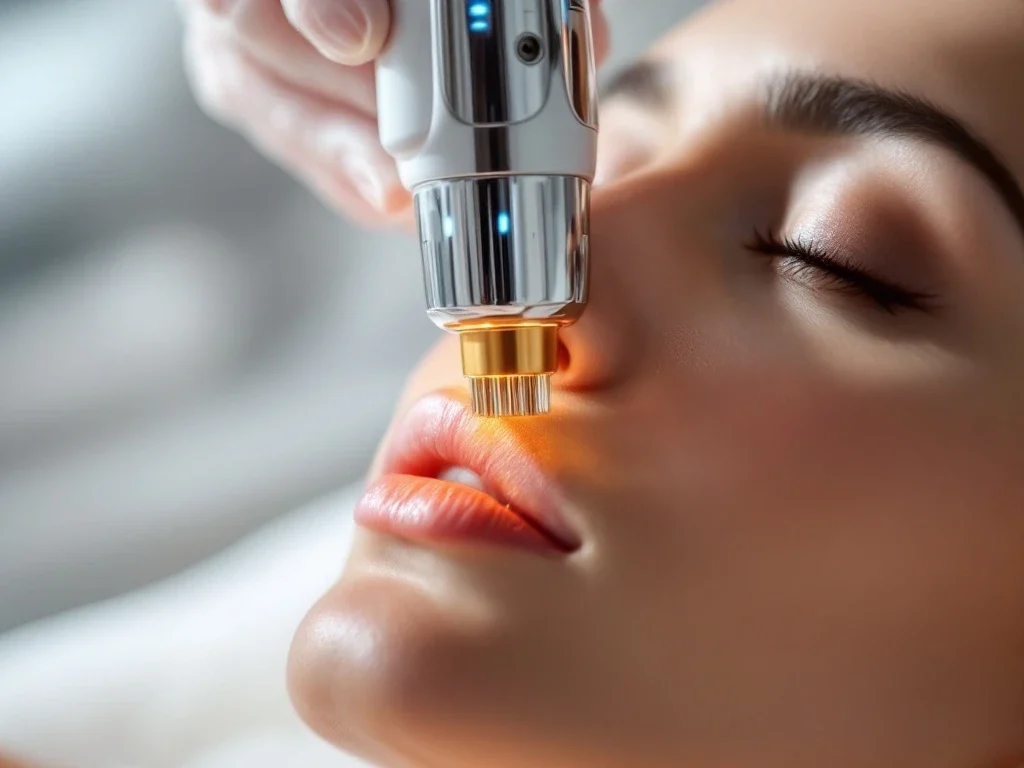 RF-microneedling apparaat met gouden naalden boven huid, medische esthetiek behandeling met LED-indicatoren