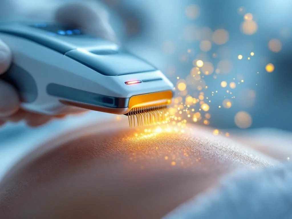 RF-microneedling apparaat met gouden naaldpunten boven stralende huid in steriele medische omgeving