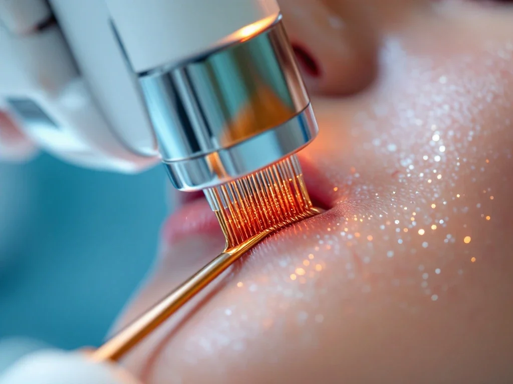 RF-microneedling apparaat met gouden naaldpunten boven gladde huid in steriele medische behandelomgeving