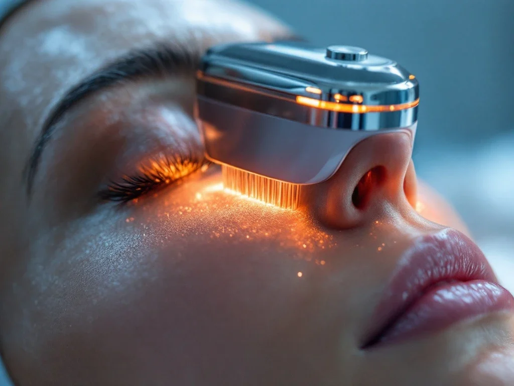 RF-microneedling apparaat met gouden naalden boven huid in professionele medische behandelkamer