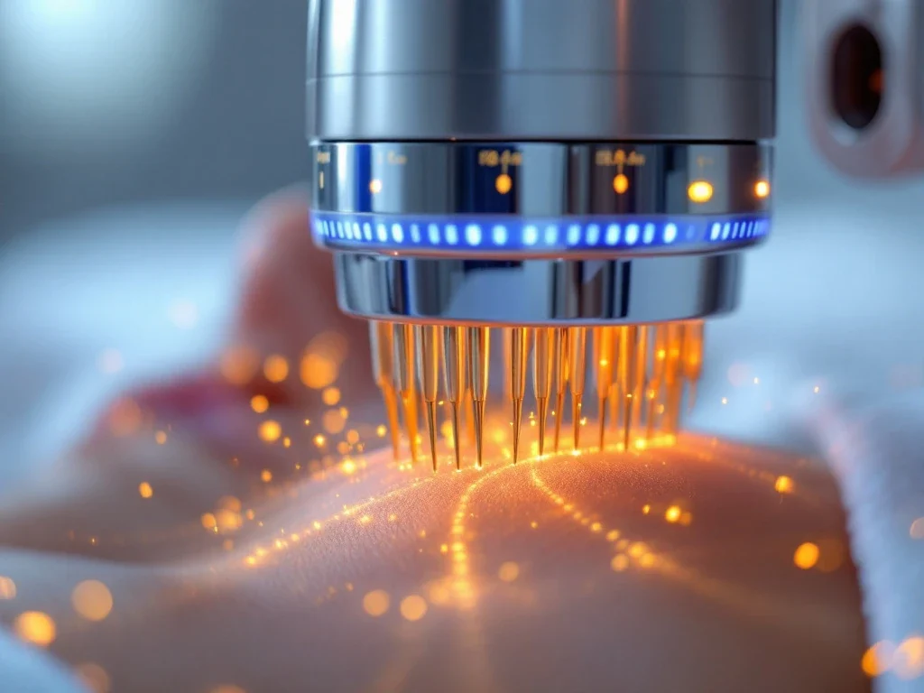 RF-microneedling apparaat met gouden naalden boven gladde huid in moderne kliniek met LED-indicatoren