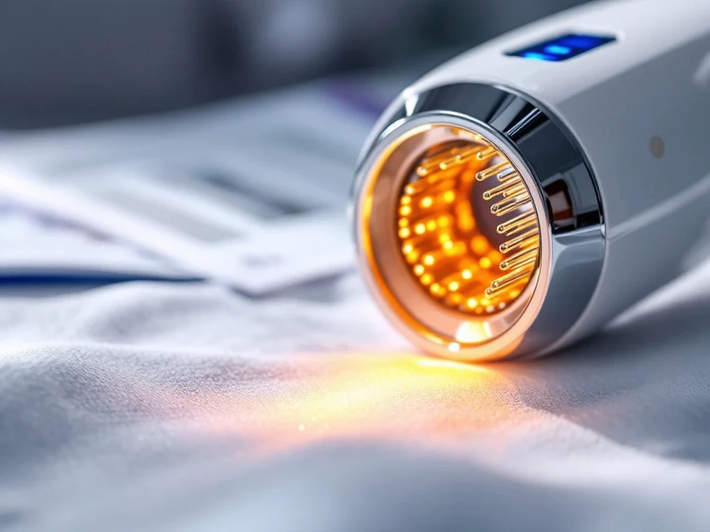 RF-microneedling apparaat met gouden naalden op witte medische ondergrond in professionele kliniek