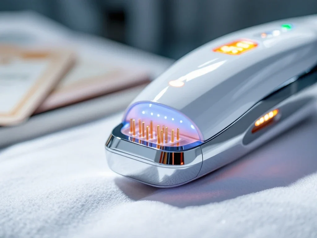 RF-microneedling apparaat met gouden naalden op medische tafel, LED-verlichting en certificeringsdocumenten op achtergrond