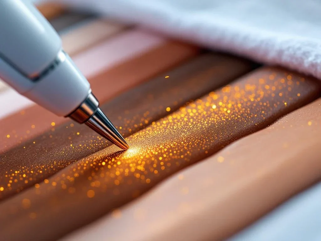 RF-microneedling apparaat boven huidtonen gradient van licht tot donker, gouden radiofrequentie energie zichtbaar