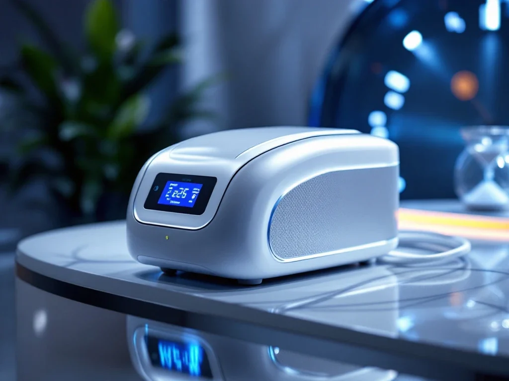 RF-microneedling apparaat op medische ondergrond met digitale interface en blauwe verlichting in professionele setting