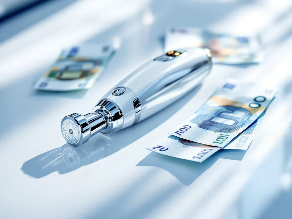 RF-microneedling apparaat op witte medische ondergrond met euro bankbiljetten, professionele esthetische behandelingsapparatuur