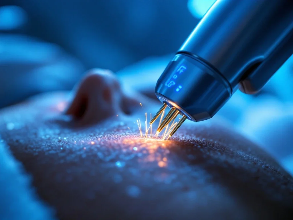 RF-microneedling apparaat met gouden naalden op huid in professionele medische kliniek met blauwe LED-indicatoren