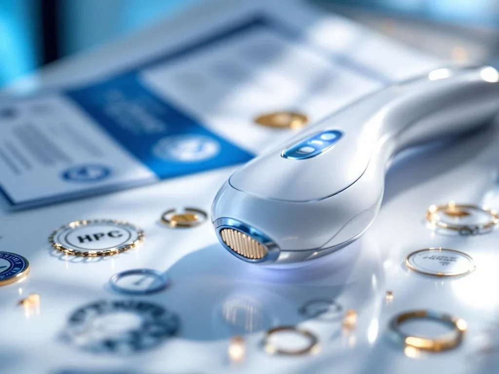 Professioneel RF-microneedling apparaat met gouden naalden op medische ondergrond, omringd door certificaten