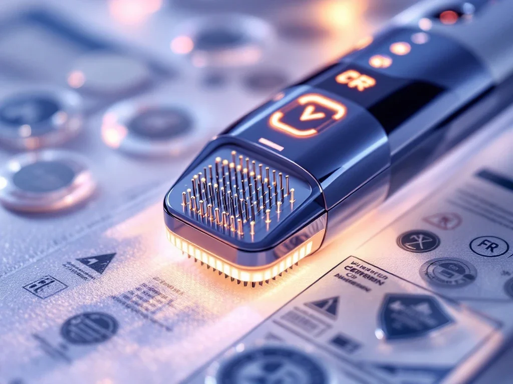 Professionele RF-microneedling apparaat met metalen naalden op steriele medische ondergrond met veiligheidscertificaten