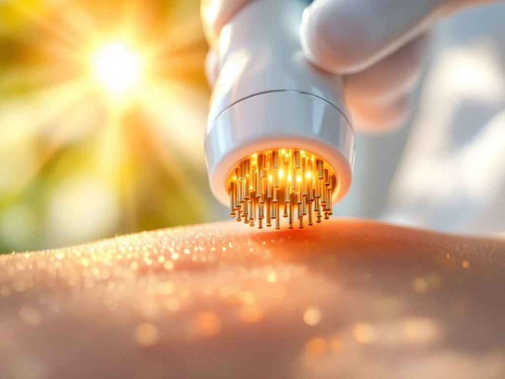 RF-microneedling apparaat met gouden naalden op gesplitste achtergrond van zonlicht en zachte binnenverlichting
