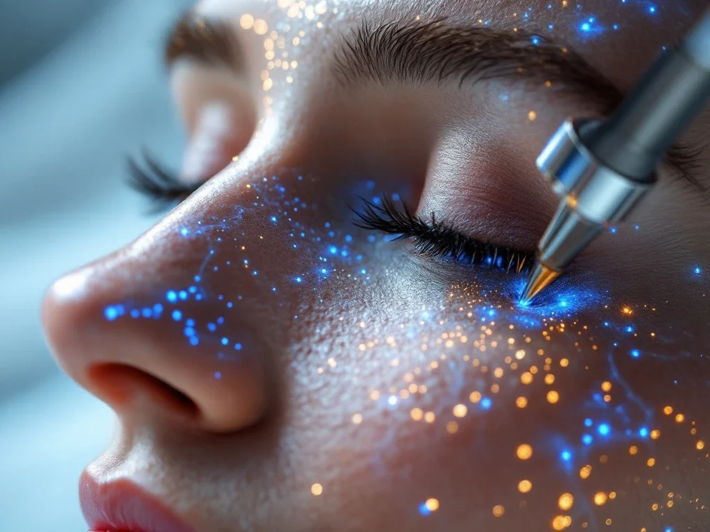 RF-microneedling apparaat met gouden naalden behandelt litteken weefsel met blauwe radiofrequentie energie in kliniek