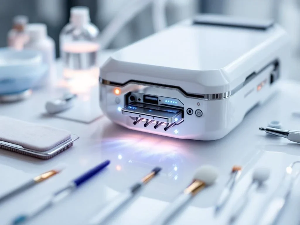 Professionele RF-microneedling apparatuur met steriele onderhoudstools op witte medische ondergrond