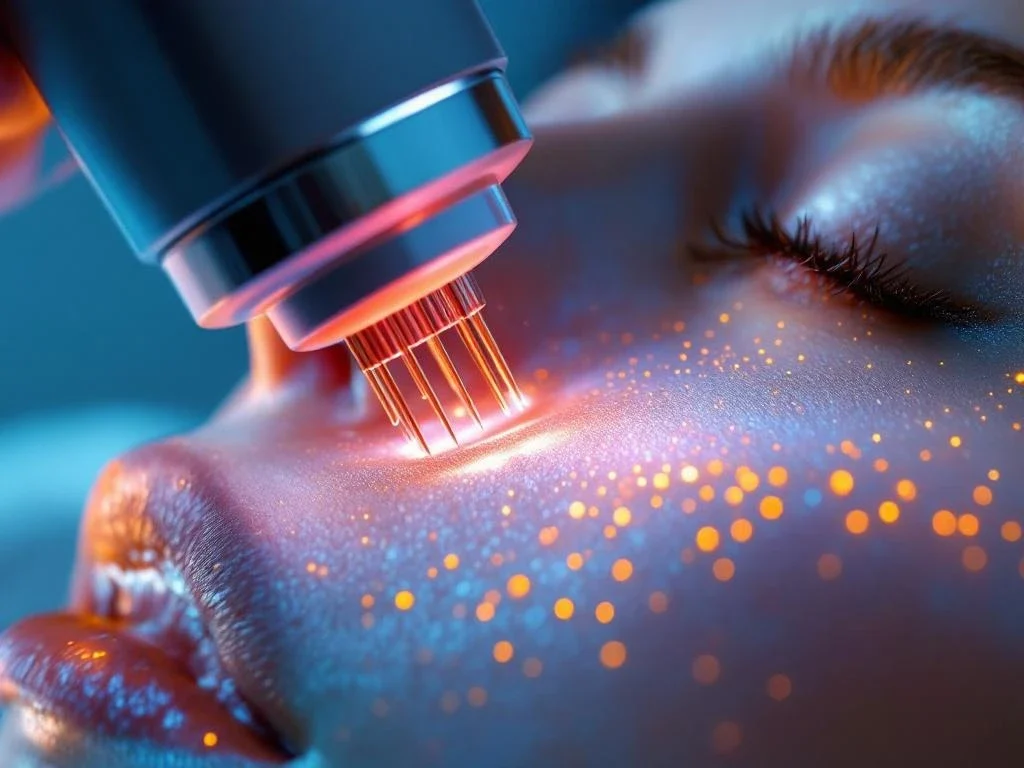 RF-microneedling apparaat met gouden naalden behandelt acnelittekens, blauwe lichtenergie zichtbaar op huid